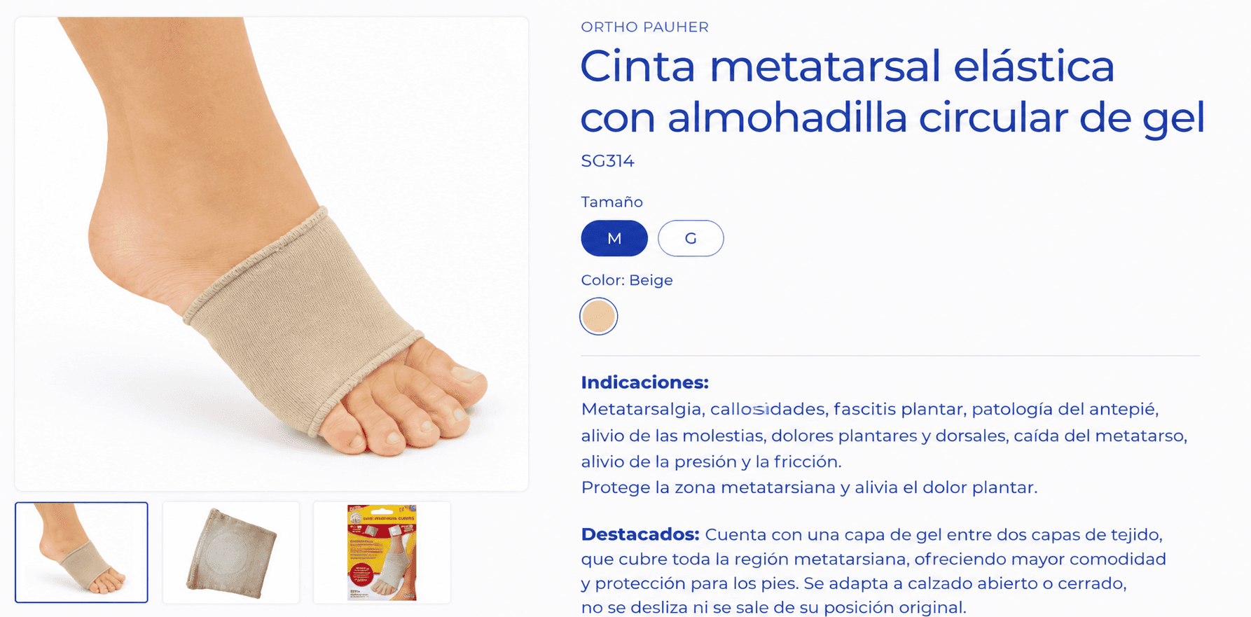 Cinta metatarsal elástica con almohadilla circular de gel (Ref. SG314)