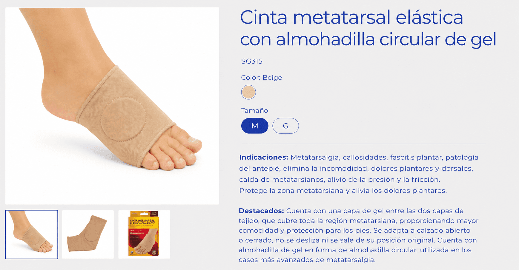 Cinta metatarsal elástica con almohadilla circular de gel avanzada (Ref. SG315)
