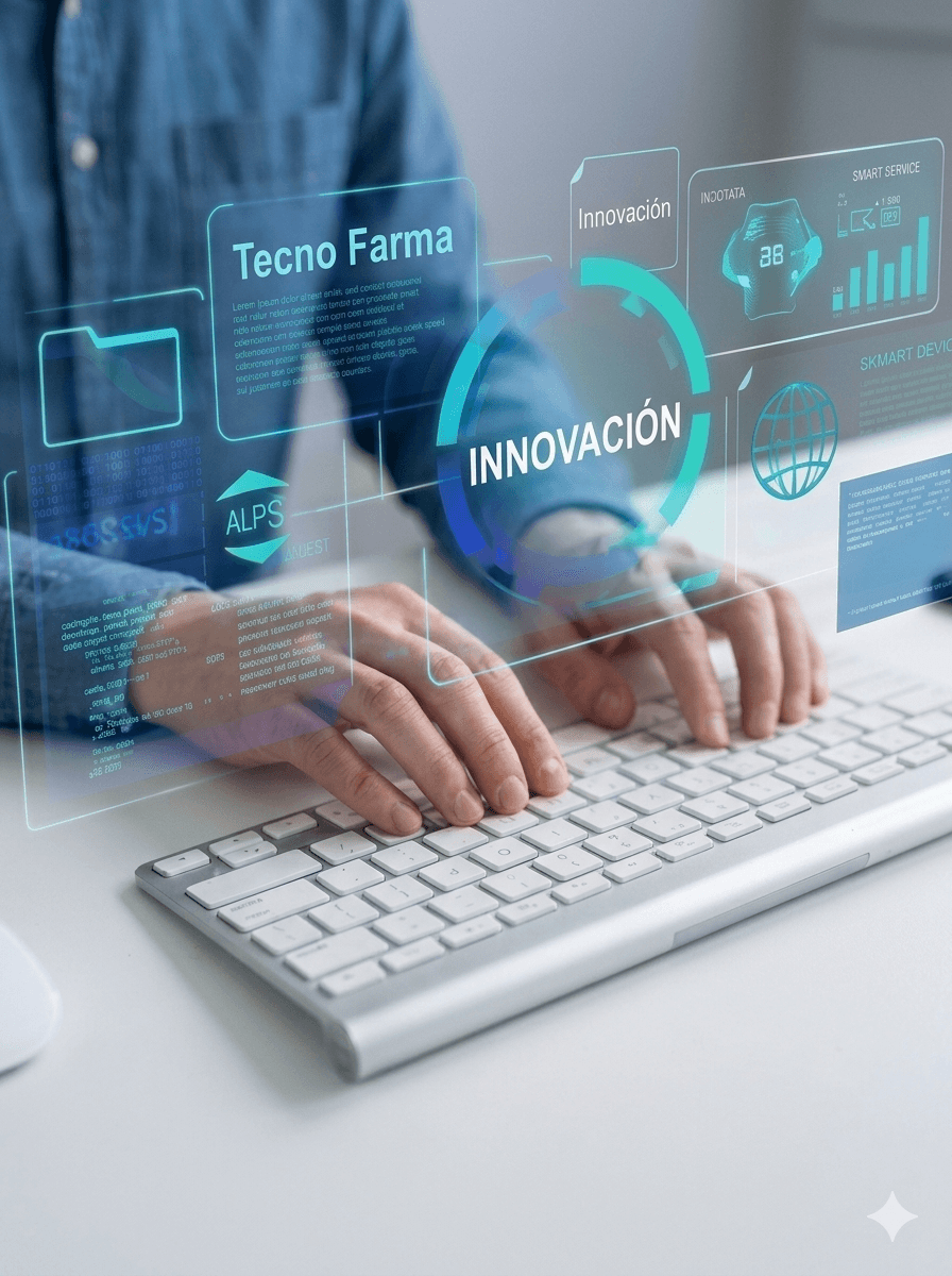 Innovación Tecno Farma en salud; capa visual con malla de conexiones y tonos azules sobre la imagen.